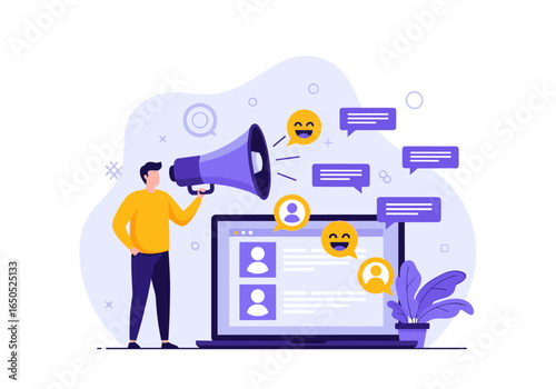 Digital marketing campaign with megaphone, laptop, and social media icons, creating buzz