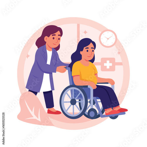Medical professional assisting a patient in a wheelchair, flat illustration