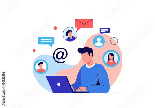 Man connecting with colleagues online using laptop for email and social network communication