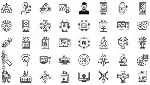 AI in Medicine Line Icon Set with Diagnostics, Technology, Telemedicine, Monitoring, Health, Chip, Computer, Microscope, Clinical, and Support
