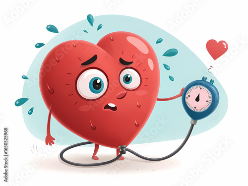 Cartoon 3D High Blood Pressure Icon – Stressed Red Heart with Sweat Drops and Bulging Veins