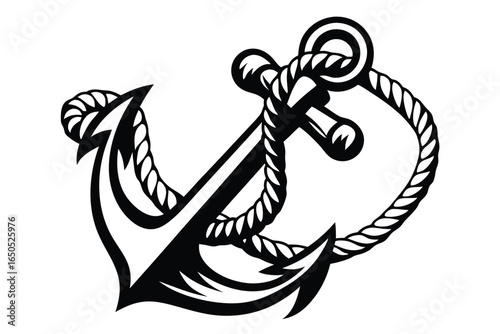 Black Anchor Silhouette with Rope on White Background Nautical Design