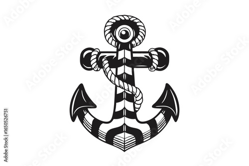Decorative Black Nautical Anchor with Rope and Spiked on White Background