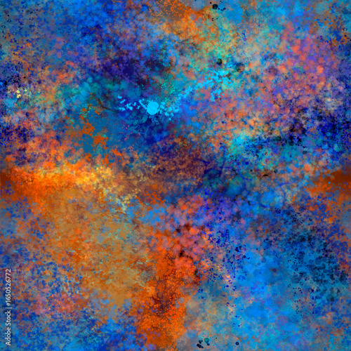 Bright orange and blue shades Abstract blurry painted seamless pattern of transparent colorful strokes, blots, spots, splashes Grunge effect Grainy multicolor background