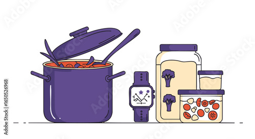 Concept of modern home cooking and food preservation shown with a pot of soup, jars of pickled vegetables, and a smartwatch