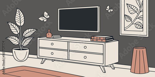 Minimalist living room decor with wooden commode, ceramic vase with eucalyptus, accessories, and a mock-up poster frame on the wall dark butterflies background.