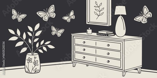 Minimalist living room decor with wooden commode, ceramic vase with eucalyptus, accessories, and a mock-up poster frame on the wall dark butterflies background.
