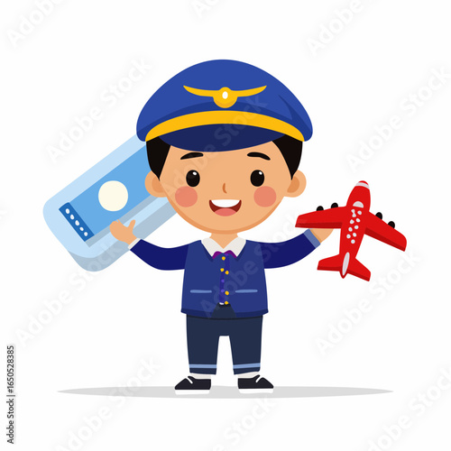 Minimalist flat icon of a kid imagining to be a pilot, symbol of dreams and aviation role play.