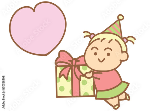 A little girl holds a gift box and a heart shape.