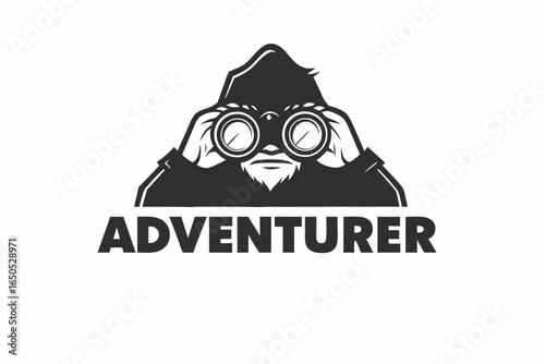 Bearded Adventurer Looking Through Binoculars, Bold Typography, White Background