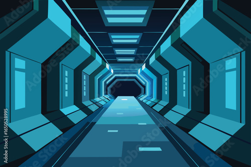 Sci-Fi Corridor Angular Architecture Pulsing Lights Illustration