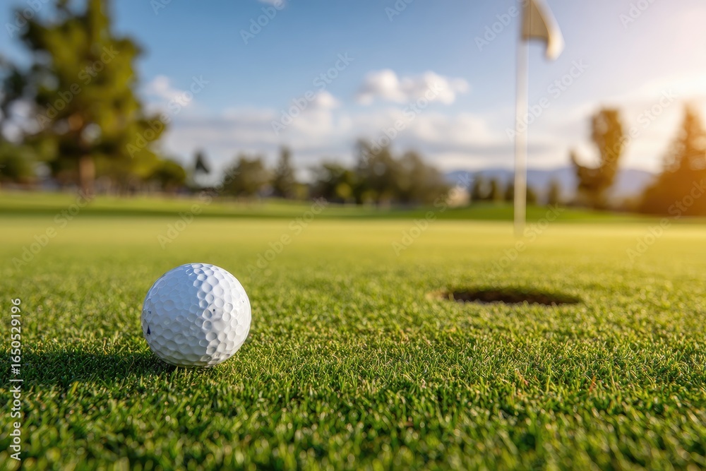 Obraz premium Golf ball on a green, sunny day