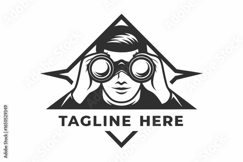 Adventurer Gazing Through Binoculars with Forest Trees on White Background