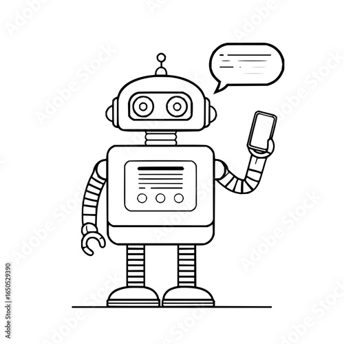 Robot chatbot holding phone vector illustration ai technology communication automation outline drawing design