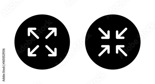 Expand and collapse screen icon in black circle. Fullscreen and minimize arrows symbol. Display size concept