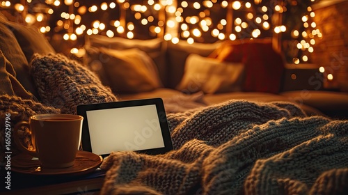 Cozy evening scene with a tablet, warm drink, and knit blankets nestled on a couch under fairy lights