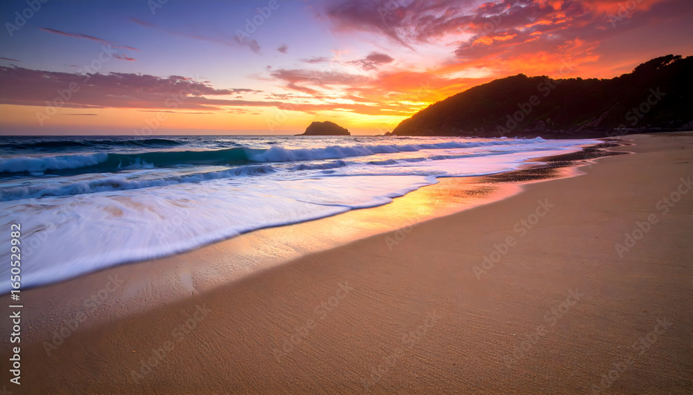 Fototapeta premium Golden Sunset Over Ocean Waves On Sandy Beach With Bright Orange Sky Horizon And Water Reflection