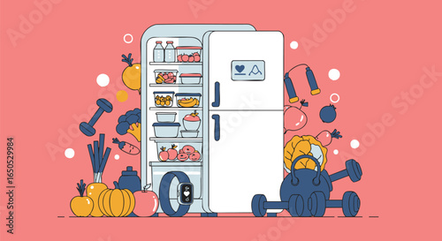 Wellness and nutrition concept showing a refrigerator prepared with healthy food for a fitness lifestyle with sports equipment