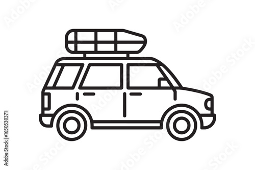 Simple line art icon of an SUV with a roof rack for travel and adventure concepts. A minimalist vehicle vector illustration for road trips.