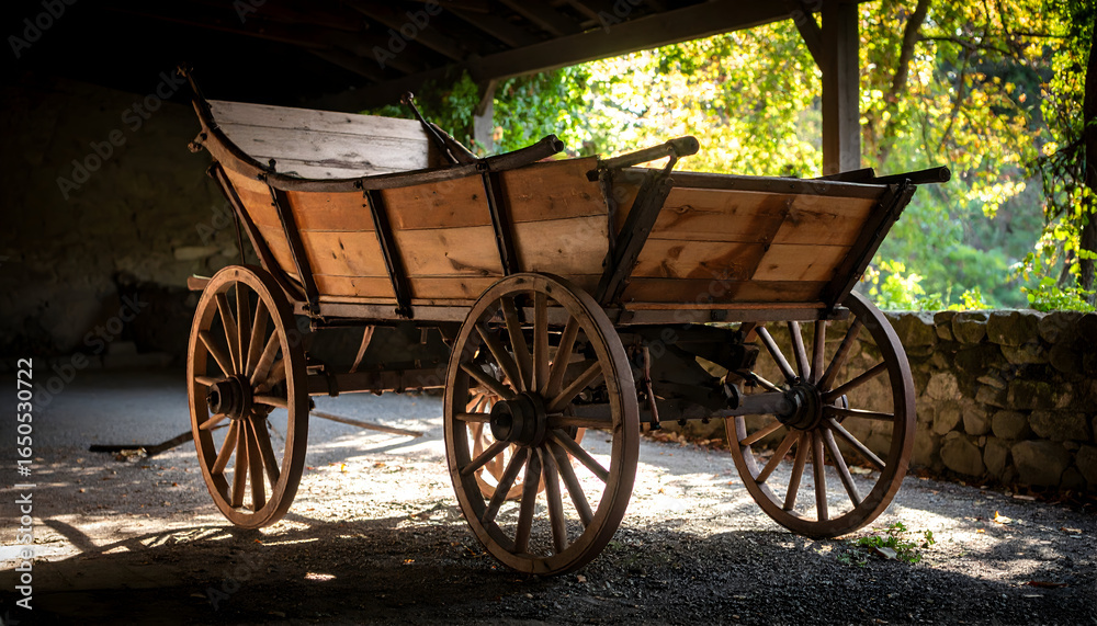 Fototapeta premium Vintage Wooden Cart with Four Spoked Wheels Under Stone Structure at Daytime with Sunlight
