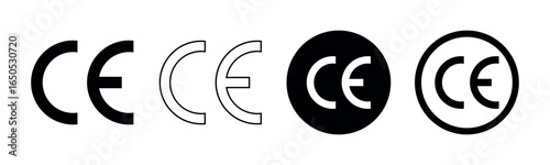 CE Mark Icon Set, European Conformity Certification Symbols in Black and Outline Style for Safety Standard, Compliance Label, Product Regulation and Quality Assurance Design