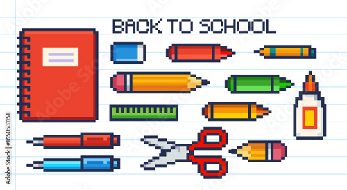 Pixel Art School Supplies Set in 8-Bit Retro Style