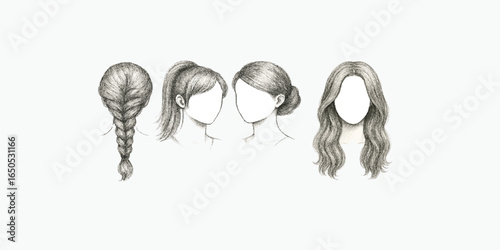 Print   Hand drawn haircut. Female wig sketch. Womans long and short hairstyles. Girls beauty salon models. Coiffure with braid, ponytail and bun. Vector hairdo pencil drawing isolated set 