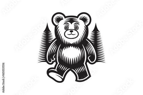 Bear Silhouette with Forest Trees, Black and White Wildlife