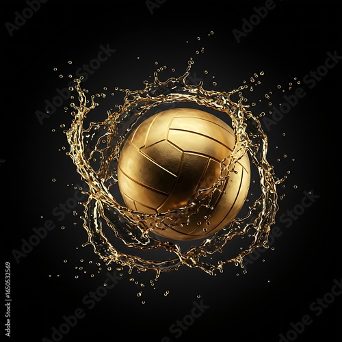 A water polo ball composed of flowing, liquid gold, dripping and swirling in a dynamic, sculptural form