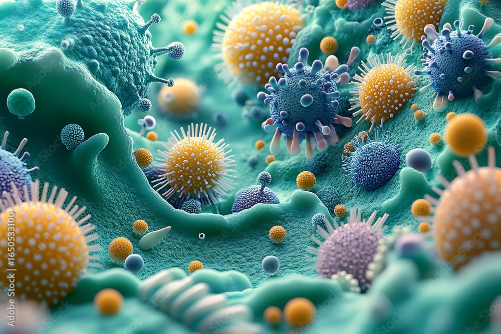 Naklejka premium 3D rendering of a microscopic view of microorganisms, some in blue and green colors, 
