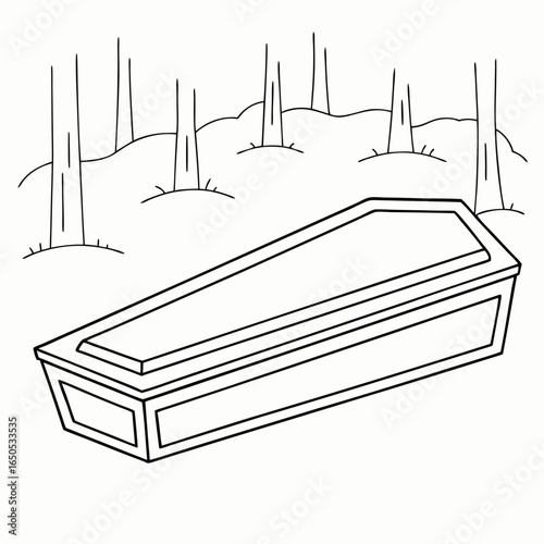Dark oak coffin under early dawn light with copy space for memorial and funeral observance