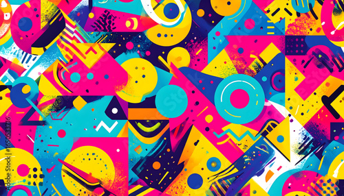 Abstract Geometric Composition With Bright Colors And Dynamic Shapes Forming Complex Pattern With Triangle Circle And Mosaic Texture