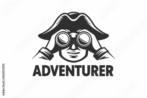 Adventurer In Hat Looking Through Binoculars Logo on White Background