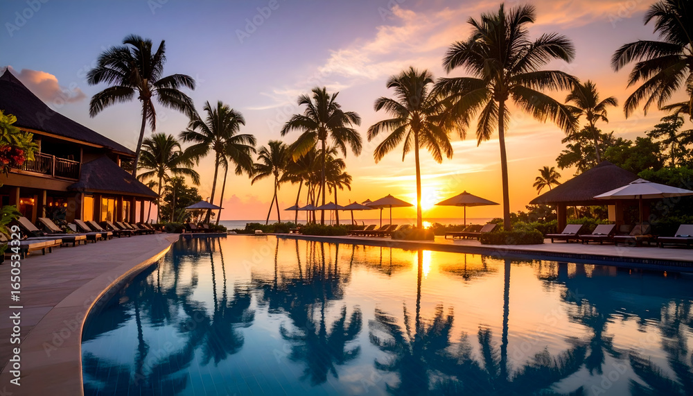Obraz premium Tranquil Sunset Over Tropical Pool and Palm Trees with Golden Hour Reflections
