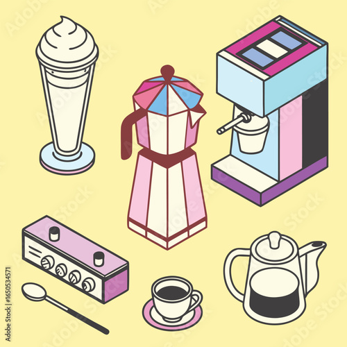 Isometric coffee shop items and drinks espresso latte