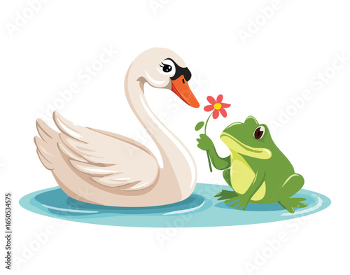 Cute Swan and Frog Holding a Pink Flower, a Heartwarming Image of Friendship and Love in a Whimsical Cartoon Style