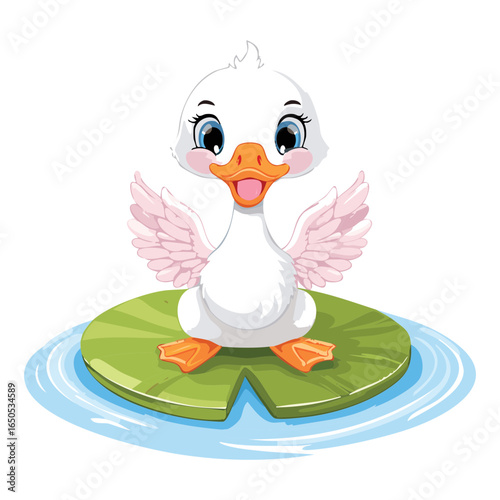 Adorable Cartoon Duckling with Pink Wings Sitting Peacefully on a Water Lily Pad, a Sweet Image for Baby and Nature Concepts