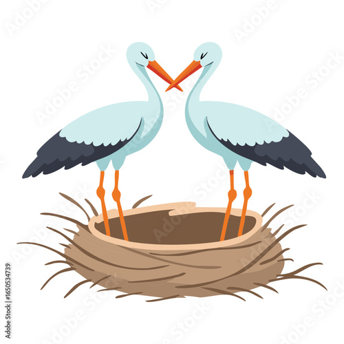 A pair of cartoon storks facing each other in their nest, ready for a new family