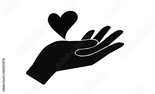 Silhouettes of heart In  hand, isolated on white 
