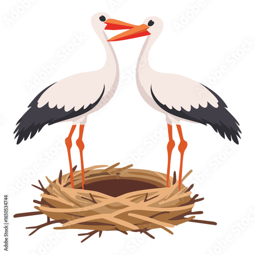 A happy couple of cartoon storks standing in their nest, a symbol of family