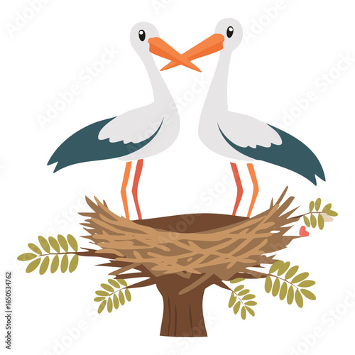 A couple of cartoon storks standing in their nest built high on a tree branch