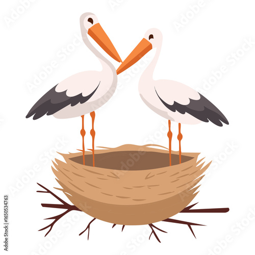 A pair of cartoon storks standing together in their nest, a symbol of new life