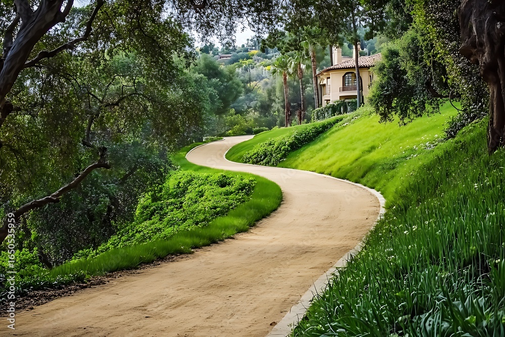 Obraz premium A winding path leading through lush greenery, symbolizing the journey of self-discovery