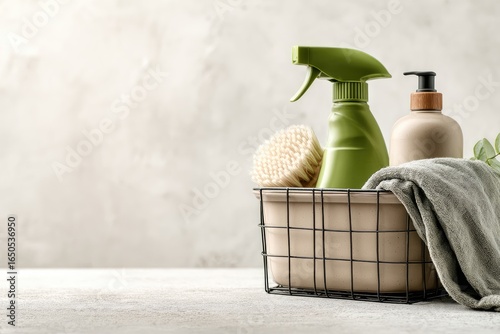 Organized cleaning supplies in a basket