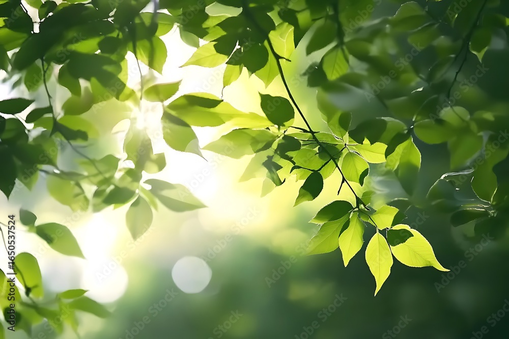 Obraz premium Green leaves swaying in the sunlight, enchanting and peaceful atmosphere with soft focus on their delicate textures