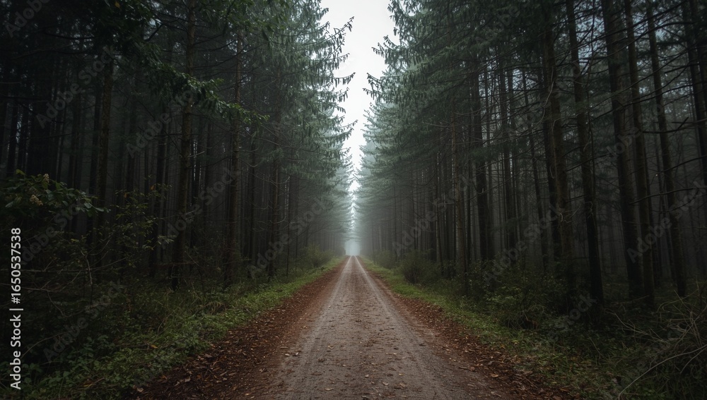 Fototapeta premium Journey Through the Woodland Path: An atmospheric woodland scene, a dirt path stretches invitingly between towering trees, fading into the misty distance, offering a sense of calm. 