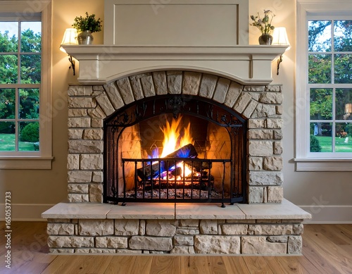 Cozy fireplace in a sunlit room