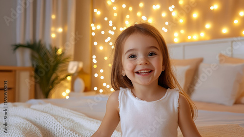 Happy young girl smiling on bed with warm fairy lights in cozy bedroom interior