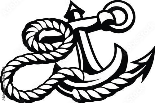 Nautical Classic Black Anchor with Bold Rope on a White Background Design