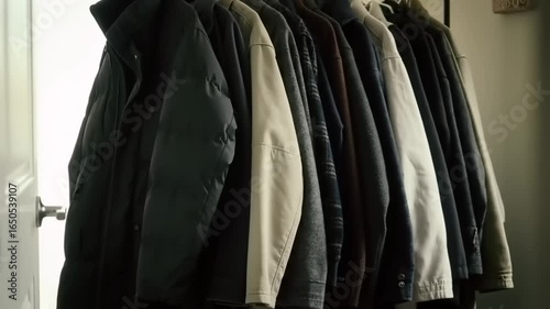 Coats hanging in a row